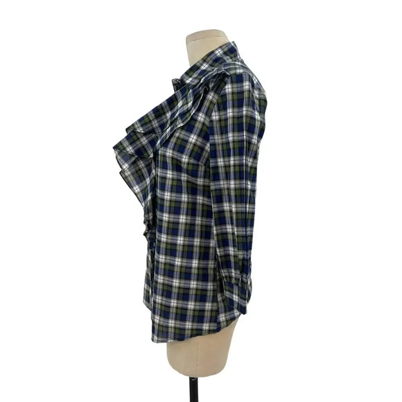 Tory Burch Tartan‎ Plaid Ruffle Collared Button Up Shirt Blue Green Size 4 - Picture 7 of 12